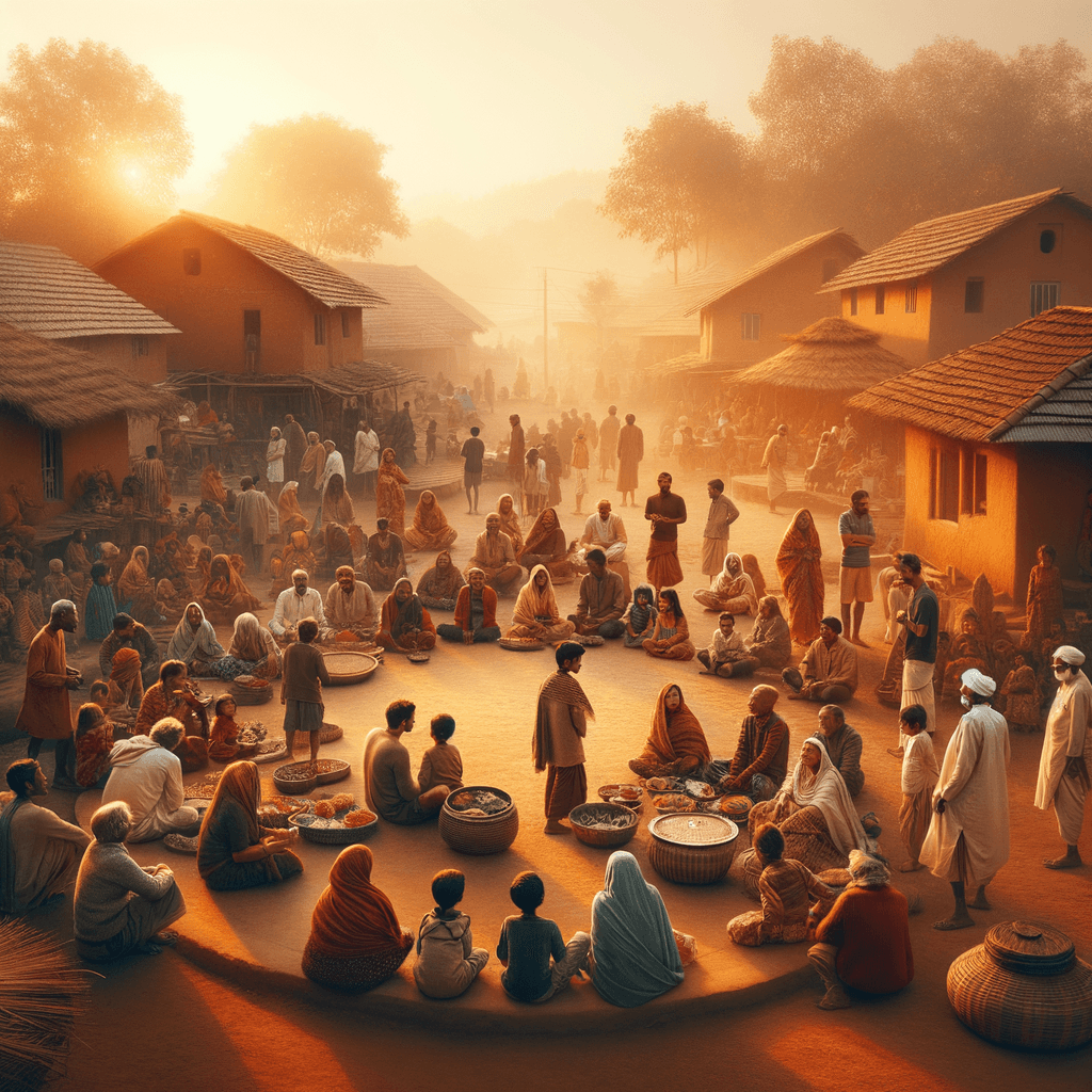 A community gathering in a village courtyard at dawn