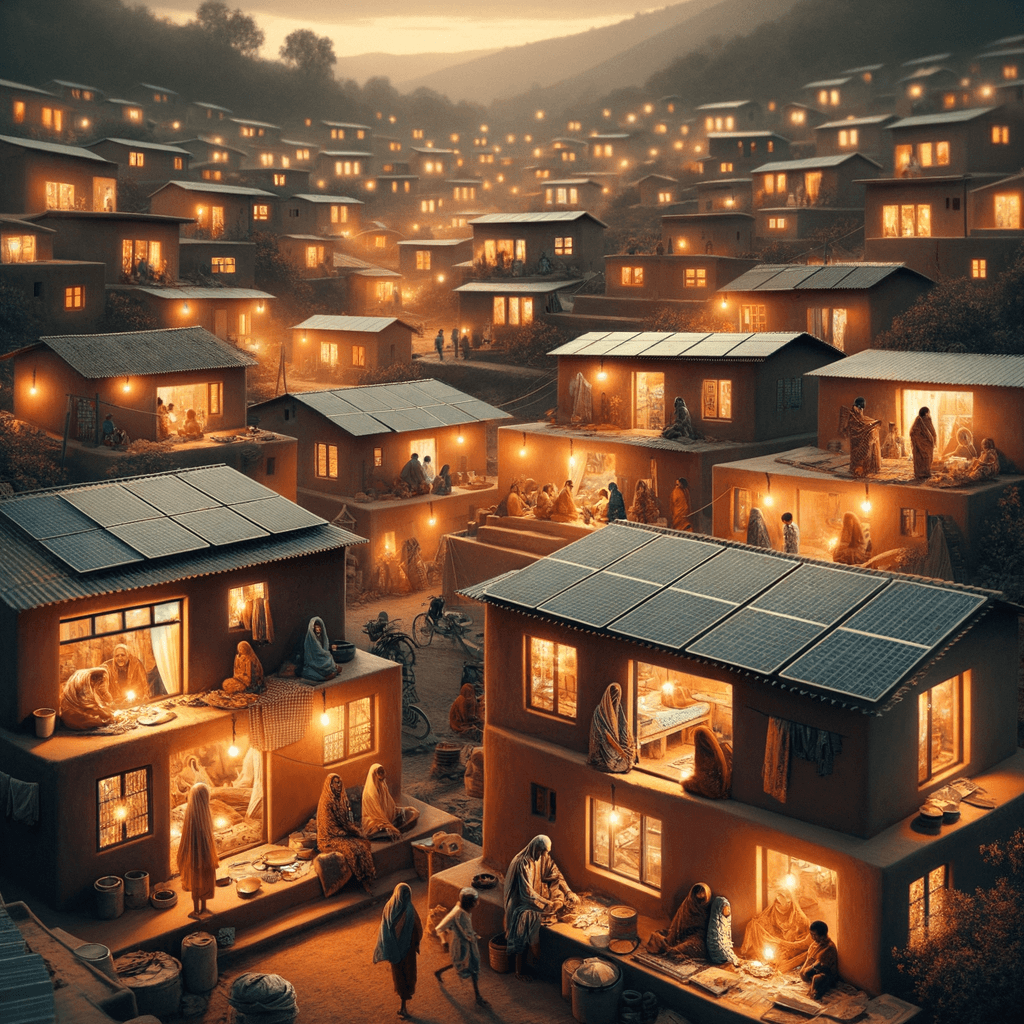 A village with solar panels and community gathering at dusk