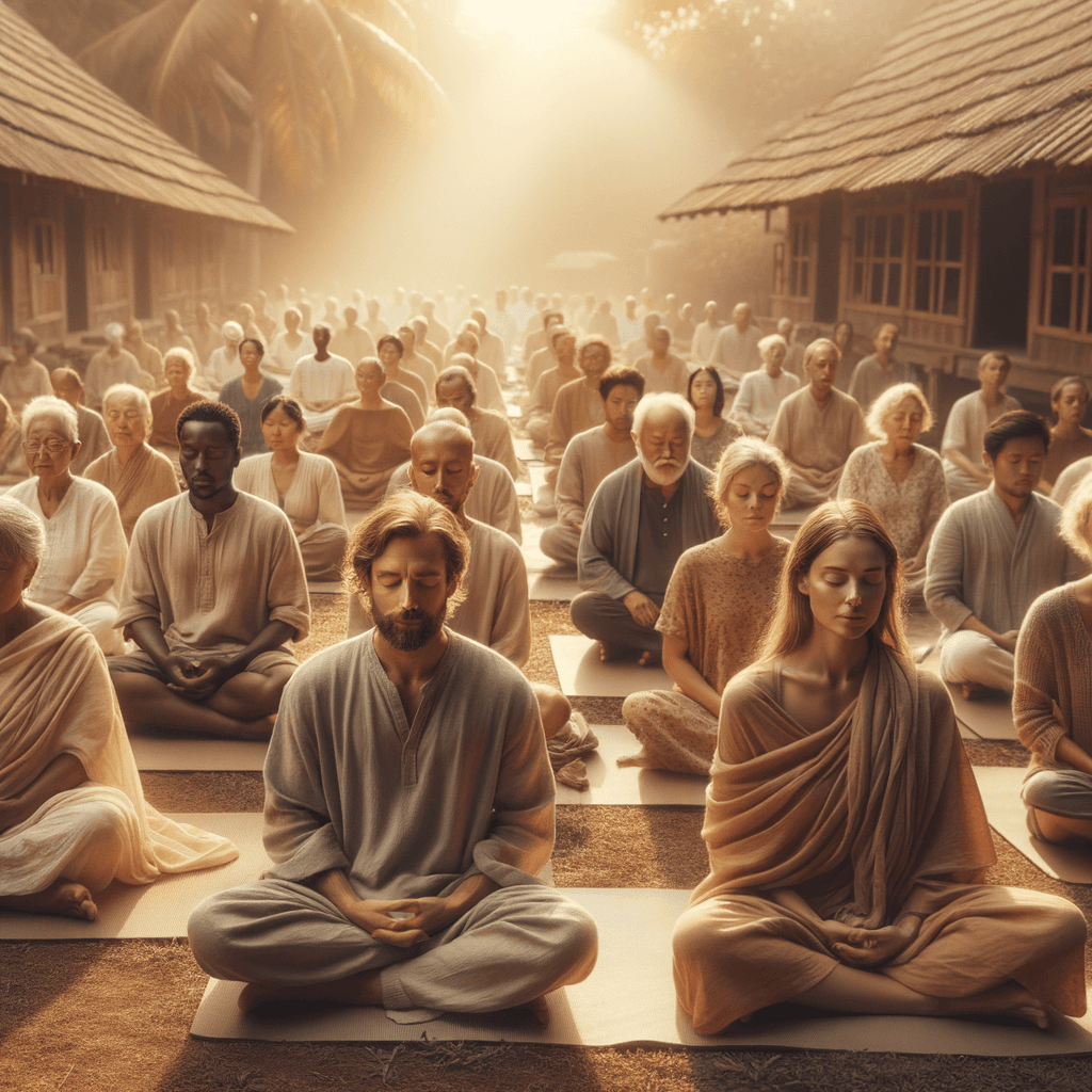 A diverse community sitting in peaceful meditation outdoors at golden hour