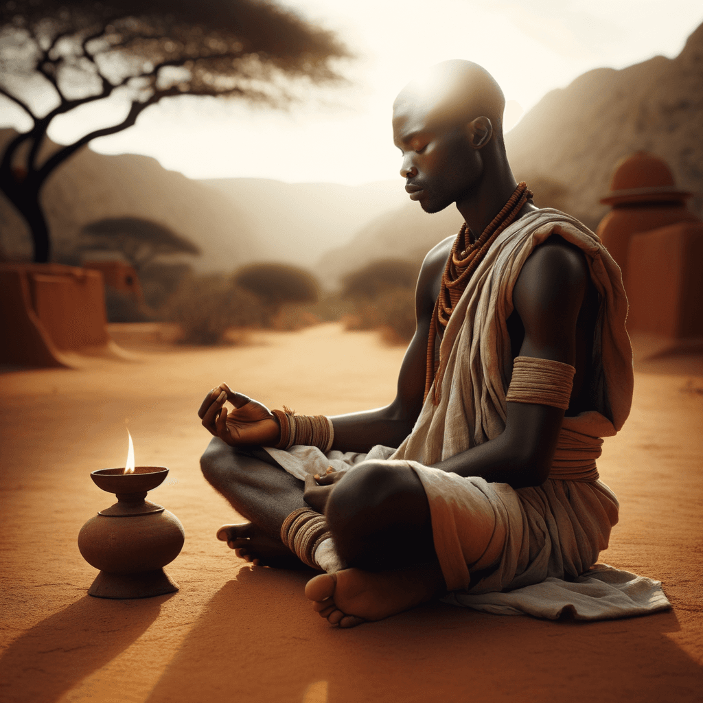 Meditator with subtle aura, grounded presence, single flame