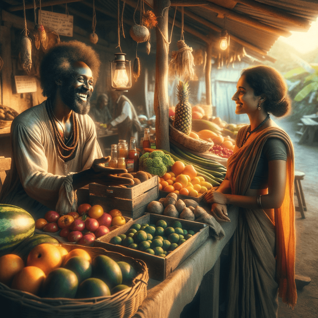 Village vendor at market, accepting Love Credits